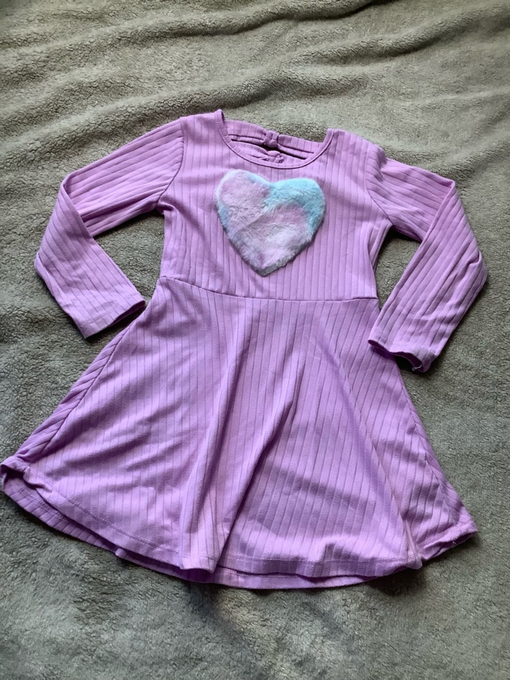 btween Lavender Ribbed Long-Sleeve Dress with Fuzzy Pastel Heart
